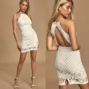 Lulu's Steal A Kiss Nude & White Lace Open Back Mini Bodycon Dress Size M